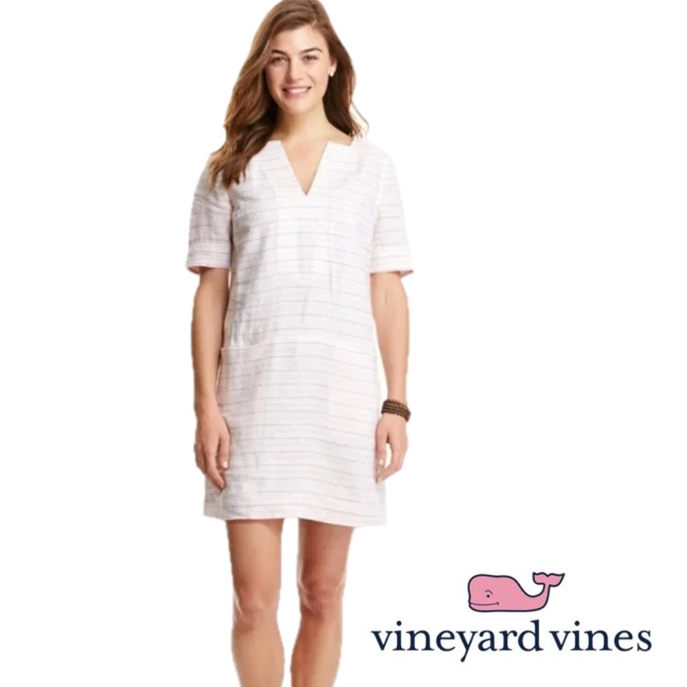 Vineyard Vines Stripe Linen Tunic Shift Dress V-Neck Short Sleeve Pockets Sz 14